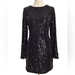 Love & Lemonade Black Sequin Long Sleeve Open Back Dress Size XL NWT
